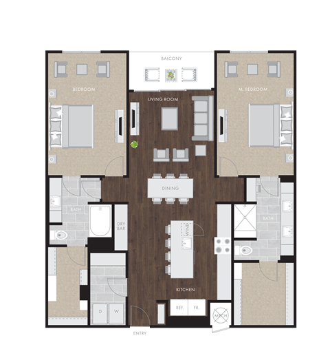 Floor plan for 2 beds, 2 baths, 1602 sqft